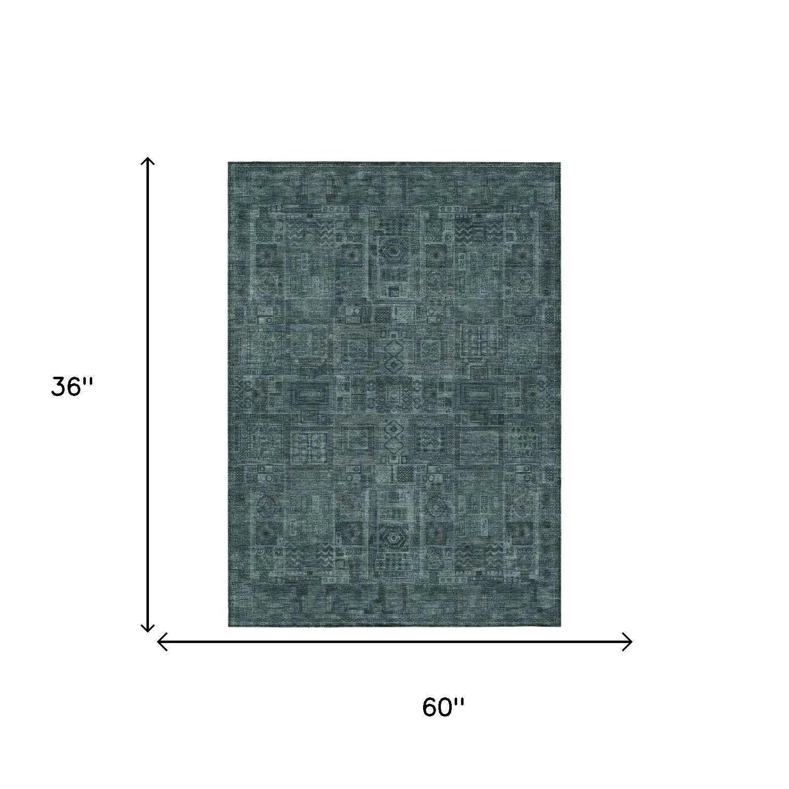 3' X 5' Teal Blue And Graphite Oriental Washable Indoor Outdoor Area Rug Homeroots Outdoor